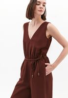 Bayan Kahverengi Keten Karışımlı Kemerli Tulum ( TENCEL™ )
