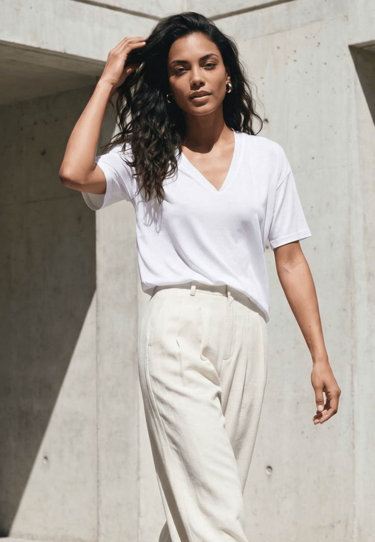 Beyaz V Yaka Oversize Tişört ( TENCEL™ ) 25YOX-TENVETOP | OXXO