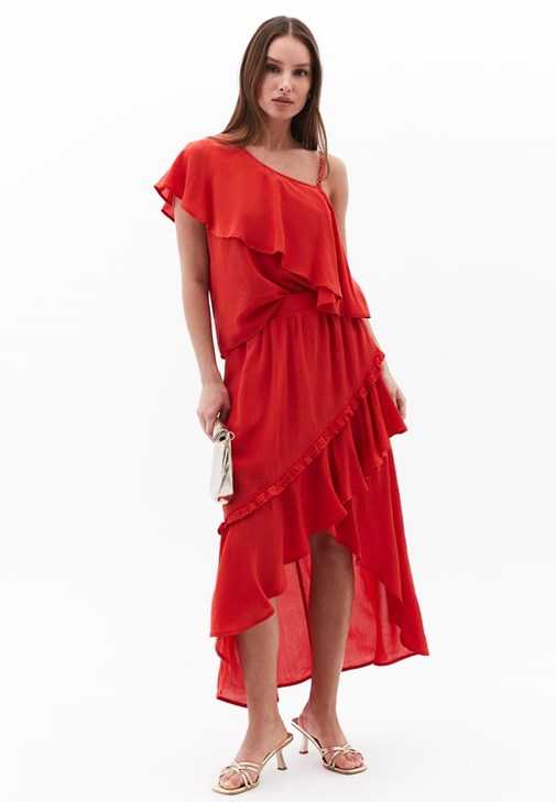 Kırmızı Asimetrik Kesim Etek ( TENCEL™ )