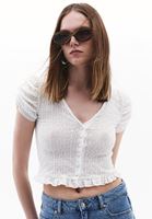 Bayan Krem Düğmeli V Yaka Bluz