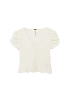 Bayan Krem Düğmeli V Yaka Bluz