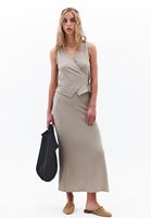 Bayan Bej Yüksek Bel Yırtmaçlı Uzun Etek