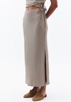 Bayan Bej Yüksek Bel Yırtmaçlı Uzun Etek