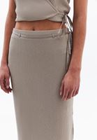 Bayan Bej Yüksek Bel Yırtmaçlı Uzun Etek