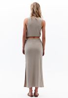 Bayan Bej Yüksek Bel Yırtmaçlı Uzun Etek