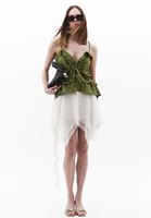 Bayan Yeşil Keten Karışımlı Fırfırlı Bluz