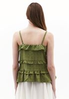 Bayan Yeşil Keten Karışımlı Fırfırlı Bluz