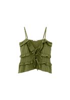 Bayan Yeşil Keten Karışımlı Fırfırlı Bluz