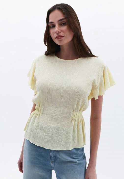 Büzgülü Bluz ve Wide-Leg Denim Pantolon Kombini