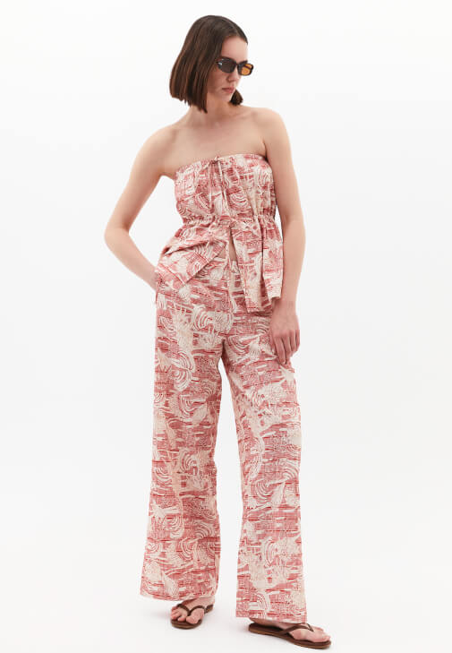 Çok Renkli Keten Karışımlı Wide-Leg Pantolon