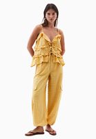 Bayan Sarı Keten Karışımlı Kargo Pantolon