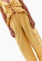 Bayan Sarı Keten Karışımlı Kargo Pantolon