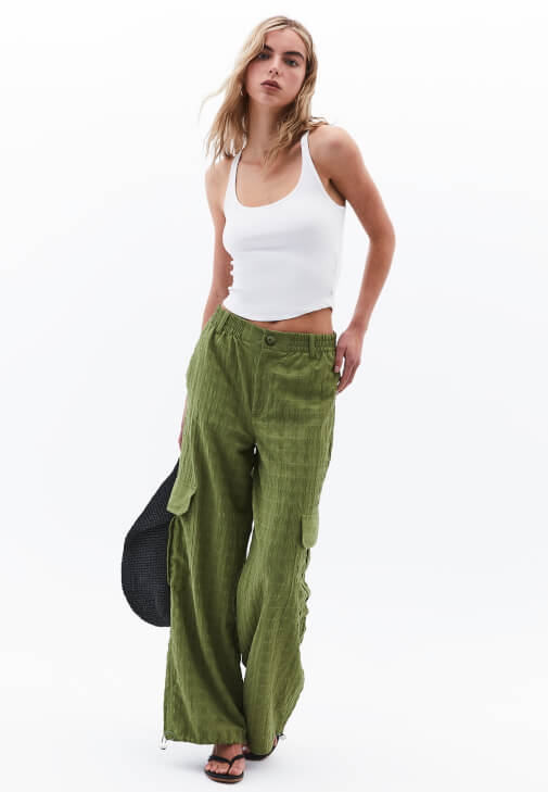 Yeşil Keten Karışımlı Kargo Pantolon
