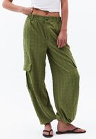 Bayan Yeşil Keten Karışımlı Kargo Pantolon