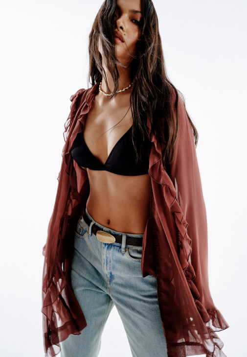 Kahverengi Fırfırlı Kimono