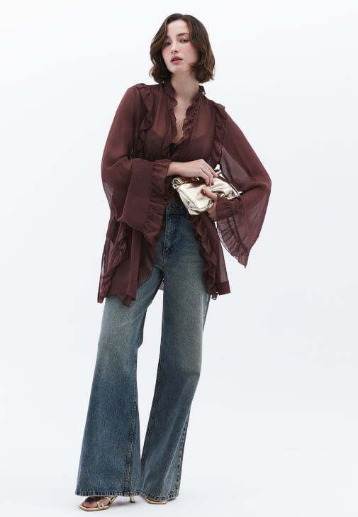 Fırfırlı Kimono ve Denim Pantolon Kombini