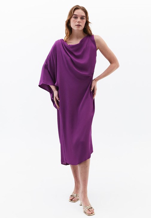 Mor Asimetrik Kesim Midi Elbise