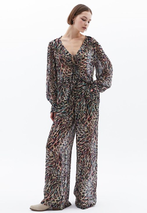 Çok Renkli Yüksek Bel Wide-Leg Pantolon