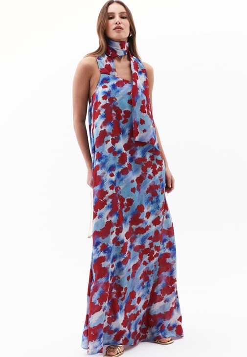 Çok Renkli Yaka Detaylı Uzun Elbise