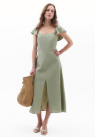 Bayan Yeşil Yırtmaçlı Midi Elbise