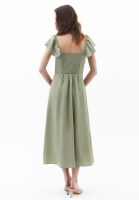 Bayan Yeşil Yırtmaçlı Midi Elbise