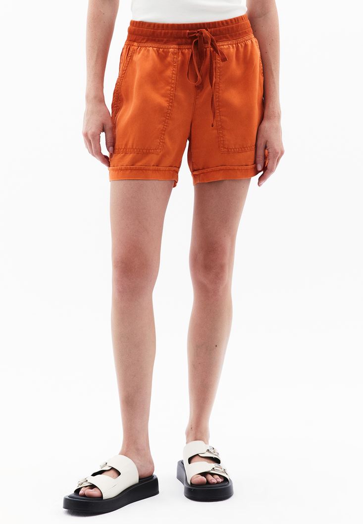 Women Orange Mid Rise Mini Shorts