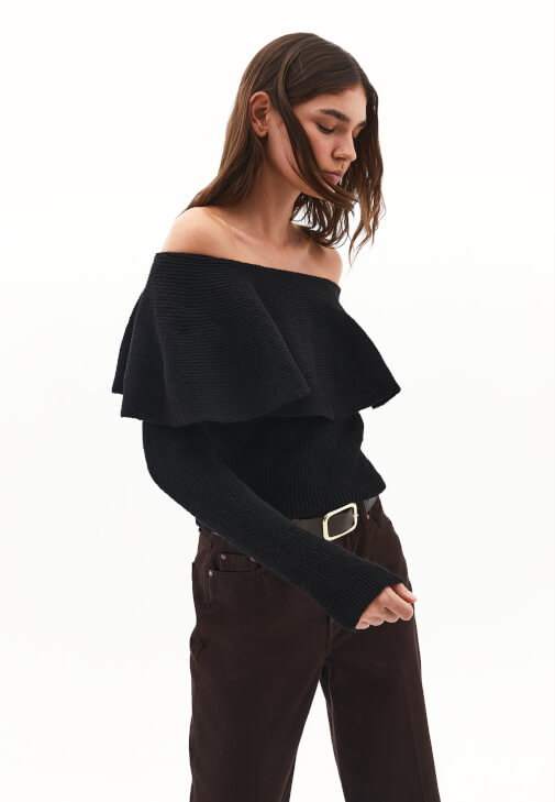 Siyah Yün Karışımlı Düşük Omuz Kazak