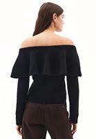 Bayan Siyah Yün Karışımlı Düşük Omuz Kazak