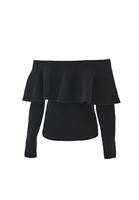 Bayan Siyah Yün Karışımlı Düşük Omuz Kazak