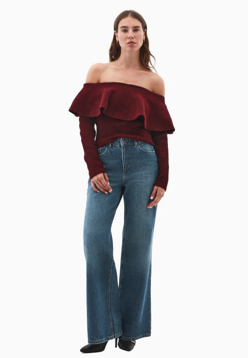 Yün Straplez Kazak ve Wide-Leg Pantolon Kombini