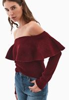 Bayan Bordo Yün Karışımlı Düşük Omuz Kazak