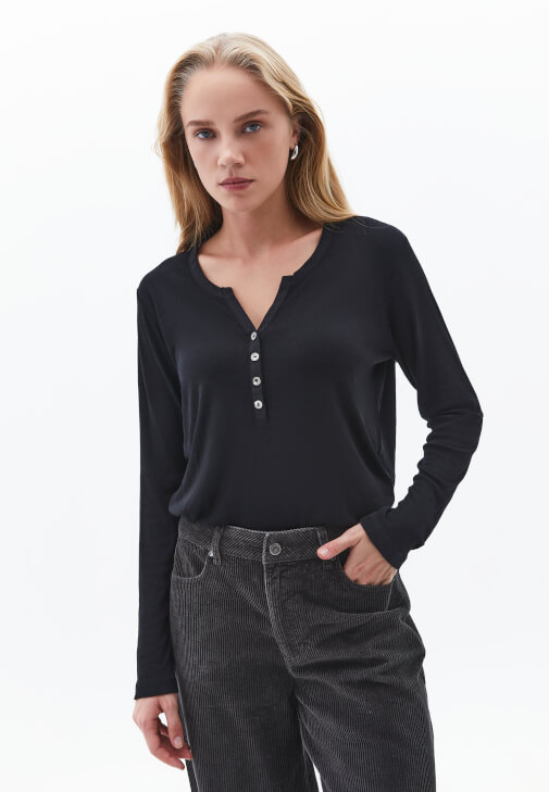 Siyah Loose-Fit Uzun Kollu Tişört