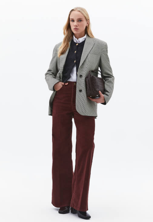 Kahverengi Wide-Leg Kadife Pantolon