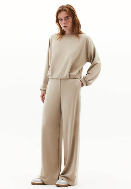 Bej Modal Wide-Leg Pantolon