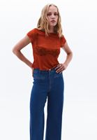 Bayan Turuncu Bot Yaka Dantel Tişört