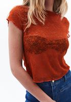 Bayan Turuncu Bot Yaka Dantel Tişört
