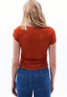Bayan Turuncu Bot Yaka Dantel Tişört