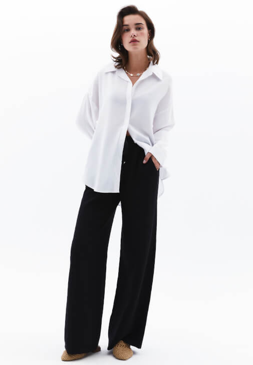Siyah Keten Karışımlı Wide-Leg Pantolon