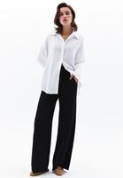 Bayan Siyah Keten Karışımlı Wide-Leg Pantolon