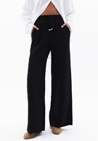 Bayan Siyah Keten Karışımlı Wide-Leg Pantolon