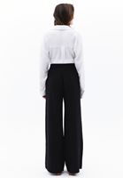 Bayan Siyah Keten Karışımlı Wide-Leg Pantolon