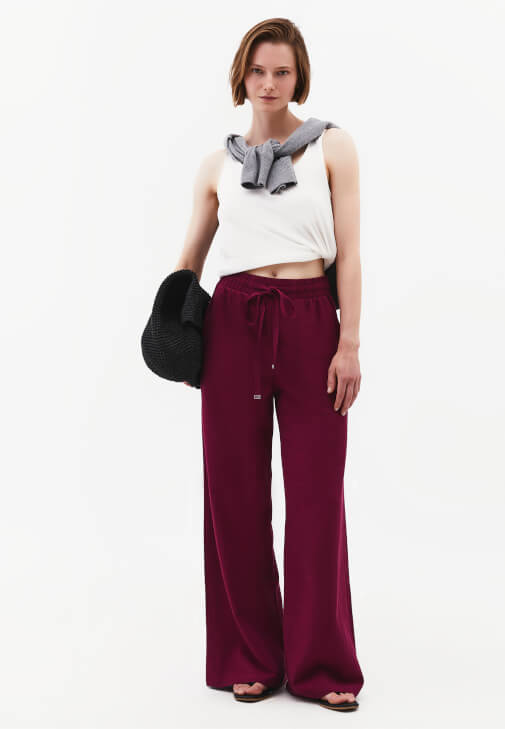 Mor Keten Karışımlı Wide-Leg Pantolon