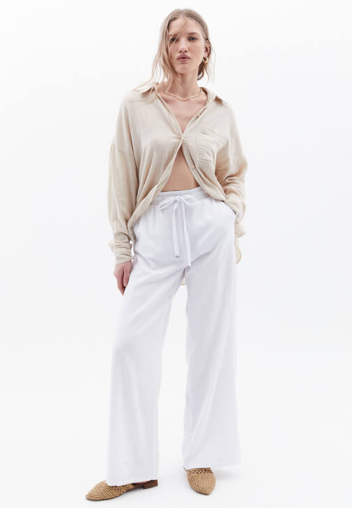 Beyaz Keten Karışımlı Wide-Leg Pantolon