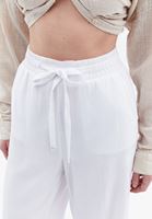 Bayan Beyaz Keten Karışımlı Wide-Leg Pantolon