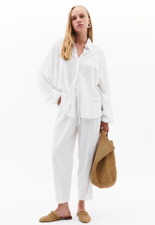 Beyaz Keten Karışımlı Baggy-Fit Pantolon