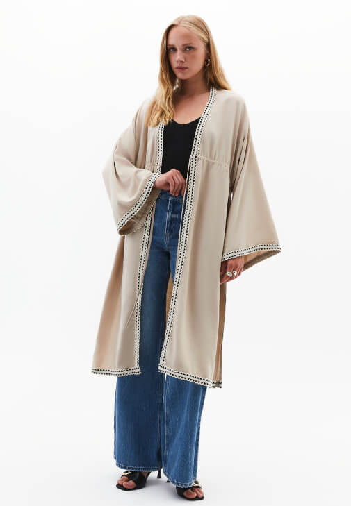 Bej Keten Karışımlı Kimono