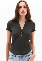 Bayan Haki Modal Düğme Detaylı Tişört