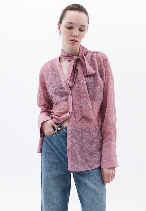 Lila İşleme Detaylı Oversize Gömlek