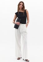 Bayan Krem Yüksek Bel Wide-Leg Pantolon