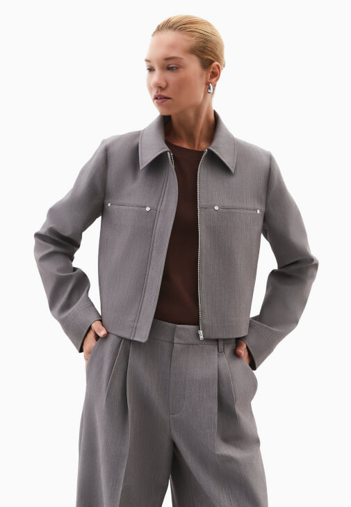 Gri Fermuarlı Crop Ceket